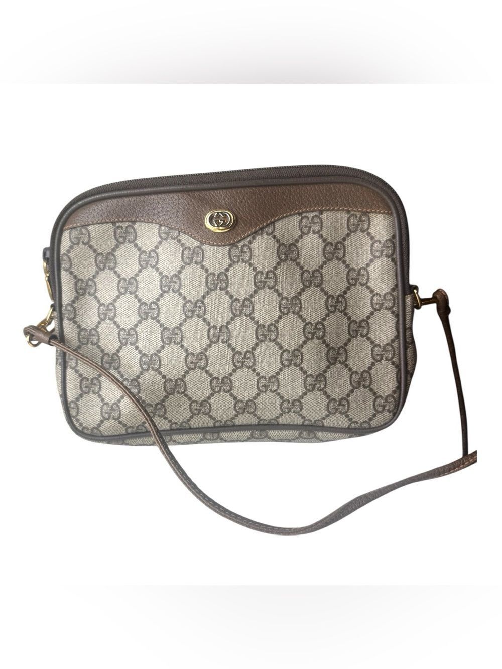 Gucci Beige GG Supreme Canvas Crossbody with Brown Leather Trim